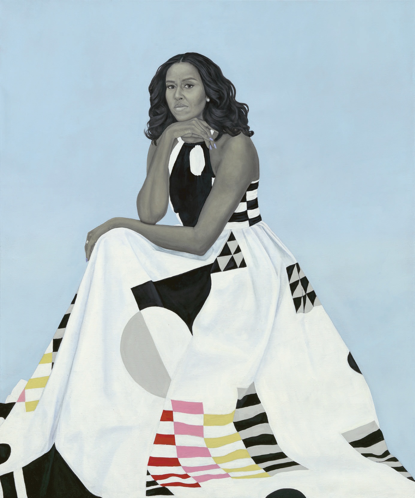 Amy Sherald, “Michelle LaVaughn Robinson Obama” (2018, oil on linen), 72.1 inches by 60.1 inches. PHOTO COURTESY OF THE SMITHSONIAN NATIONAL PORTRAIT GALLERY