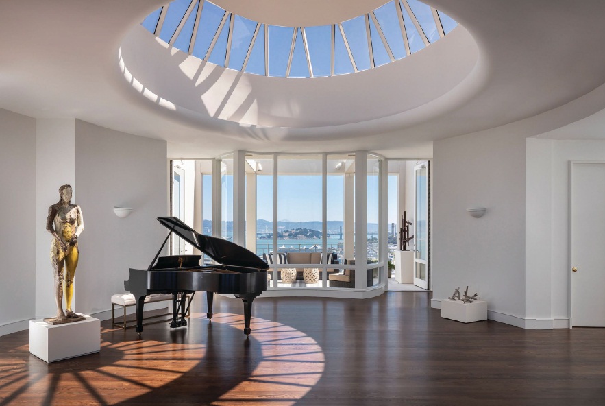 High ceilings and skylights characterize the design of the living spaces in this Russian Hill home. PHOTO COURTESY OF SOTHEBY’S INTERNATIONAL REALTY