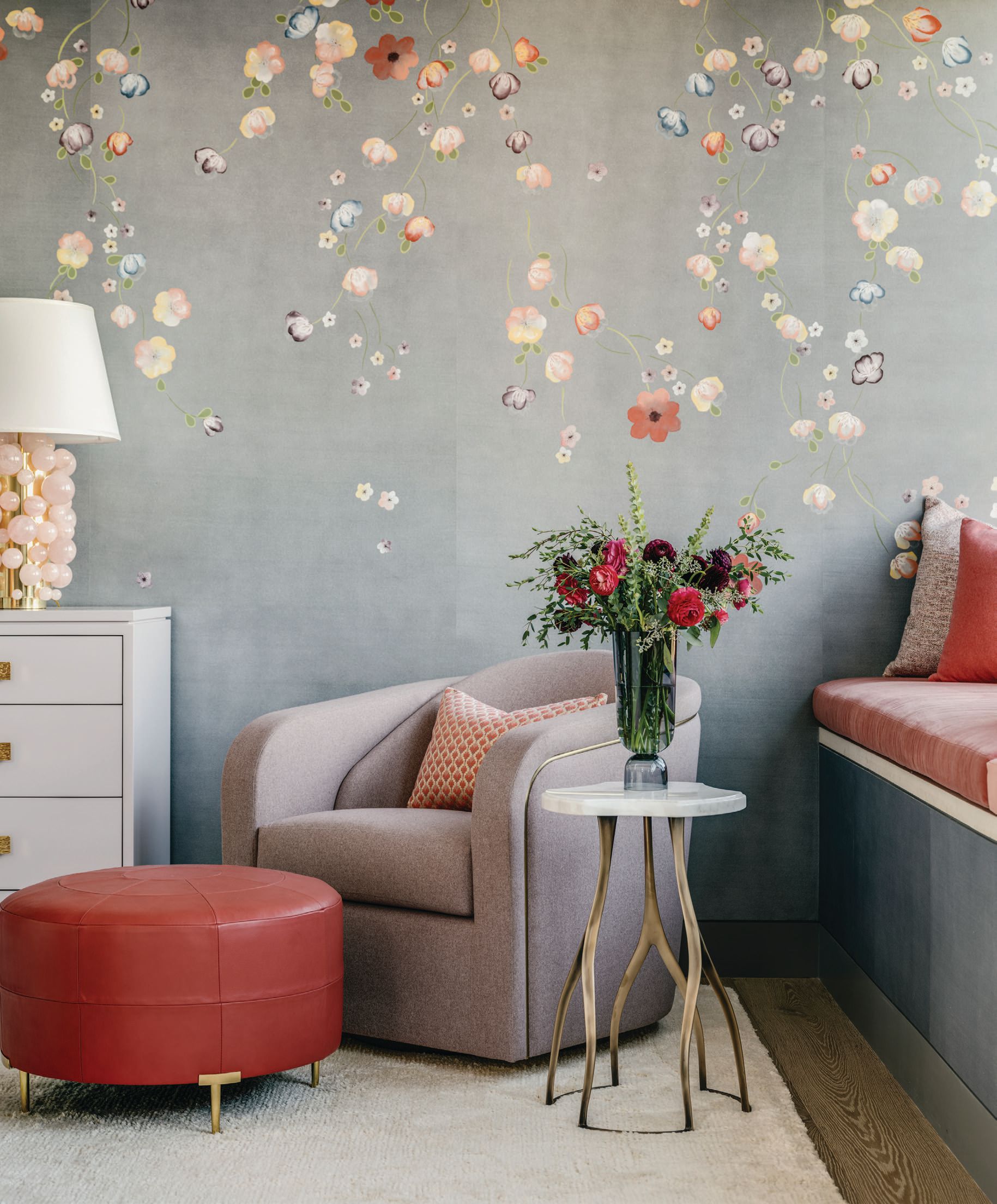 Falling Flowers wallpaper from de Gournay brightens the primary suite. PHOTOGRAPHED BY CHRISTOPHER STARK