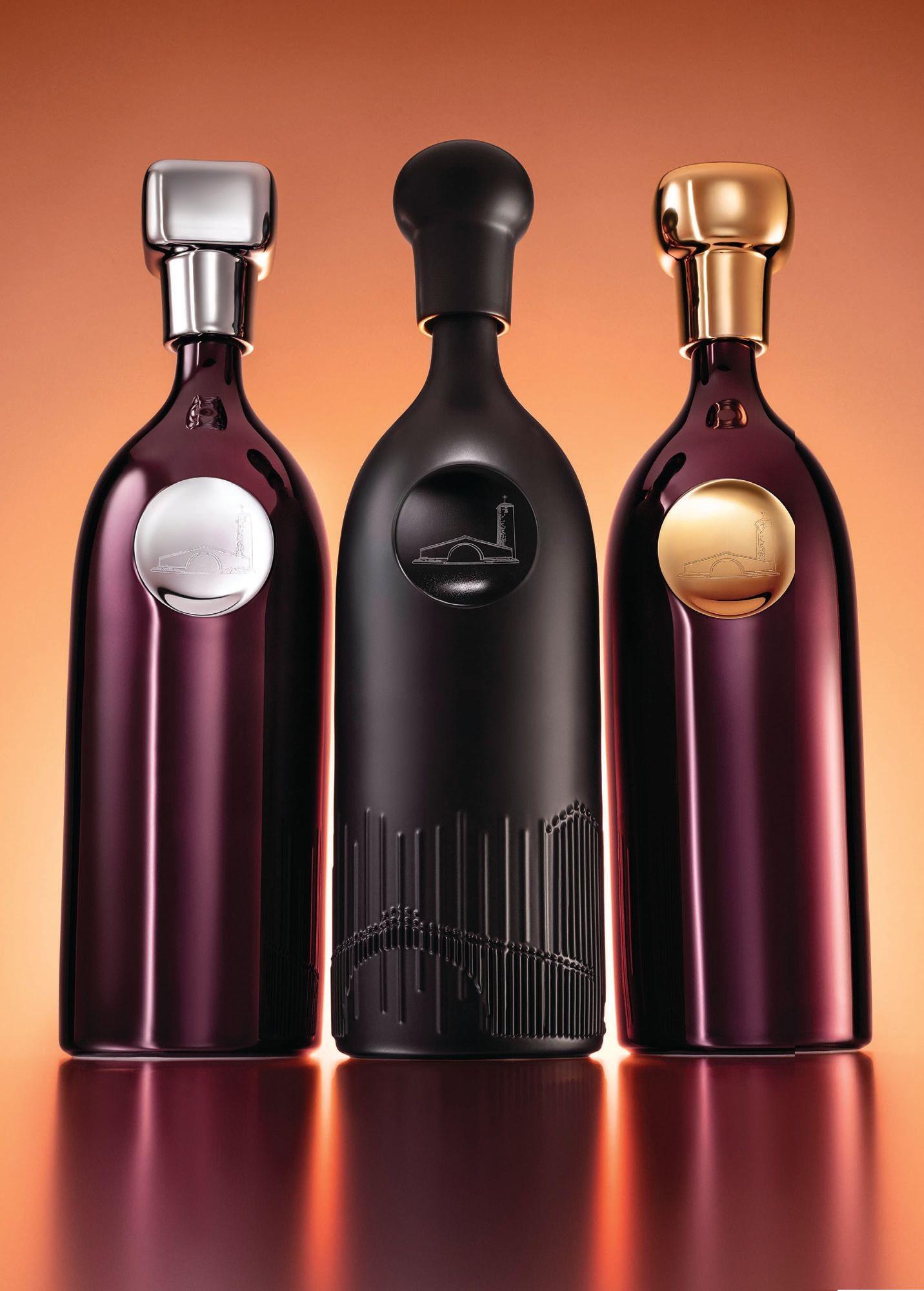 A trio of the newly designed bottles by Bernardaud PHOTO BY TIM HOGAN