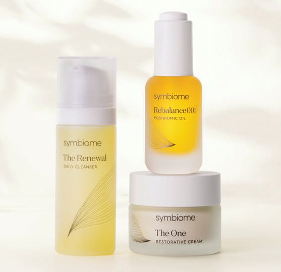 Symbiome’s The Renewal daily cleanser, The One restorative cream and Rebalance001 oi SYMBIOME PRODUCT PHOTOS COURTESY OF BRAND