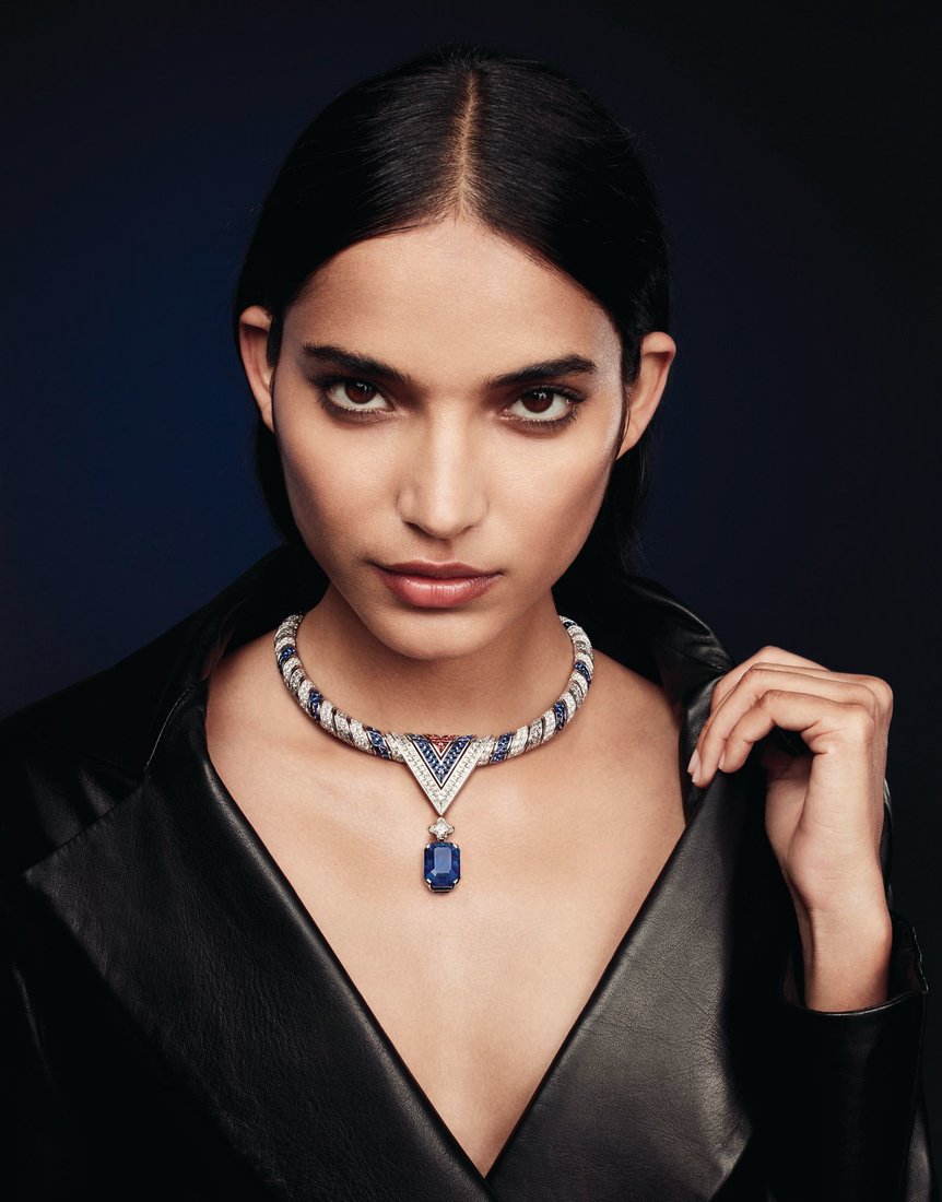 The Arrow necklace, a tricolored V set with rubies, sapphires and diamonds PHOTO COURTESY OF LOUIS VUITTON