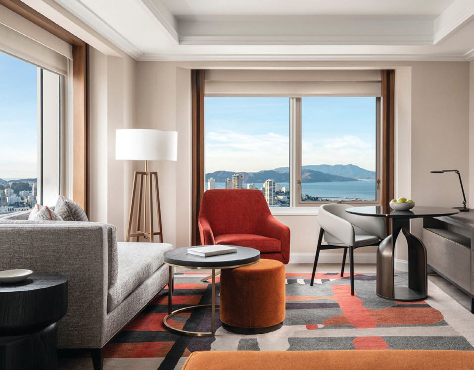 A corner suite offers outstanding Golden Gate views and lots of space to unwind, read or enjoy a private dinner as the city lights rise. PHOTO COURTESY OF FOUR SEASONS HOTEL SAN FRANCISCO AT EMBARCADERO
