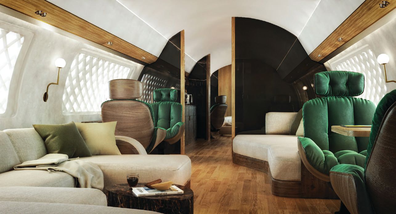 Olivier Turon envisions the future of flying private, and that scene stars soft lines and natural materials complemented by bespoke furnishings and accent lighting. PHOTO COURTESY OF OLIVIER TURON