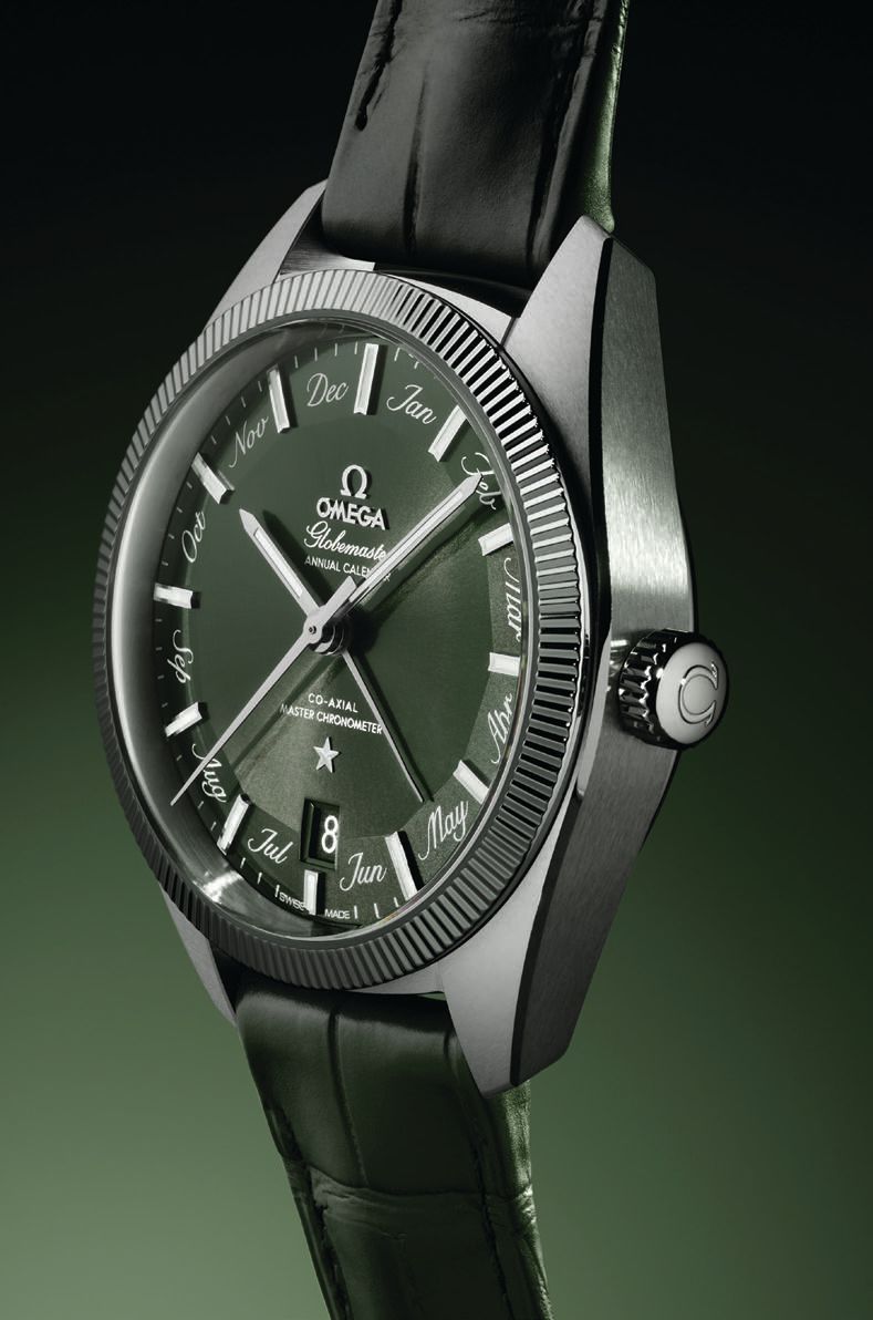 A sun-brushed green dial is part of the Globemaster collection PHOTO COURTESY OF OMEGA