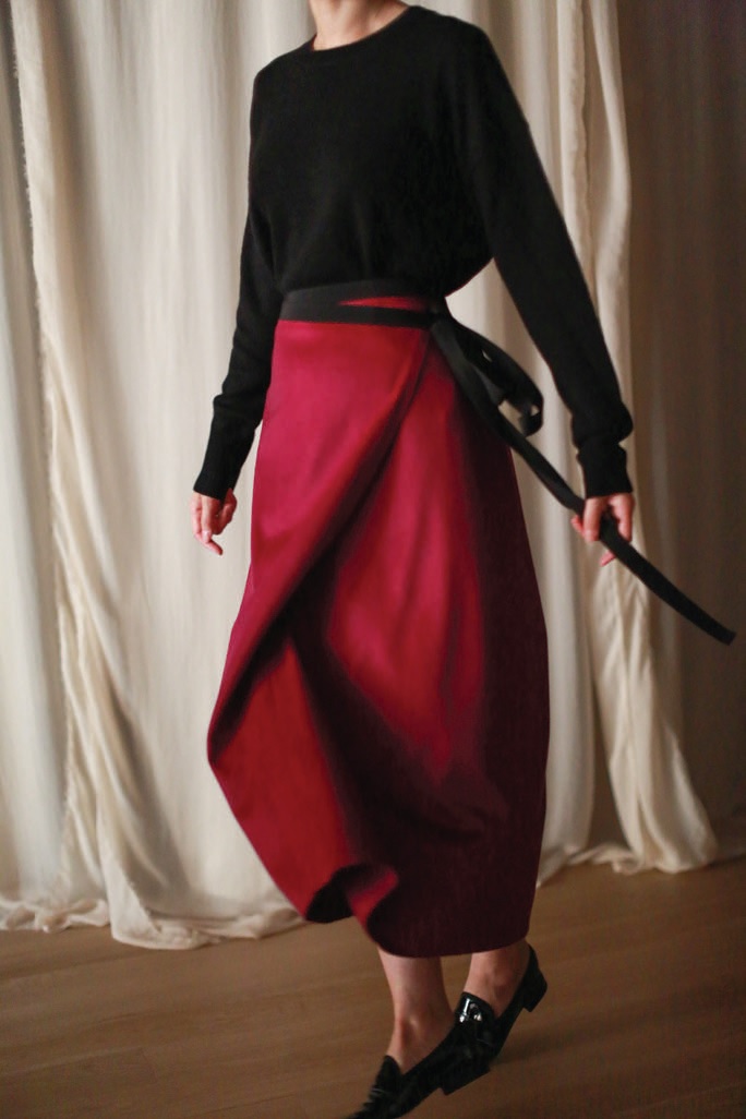“This Lan Jaenicke silk pleated wrap skirt is so beautifully tailored. I love the deep, moody, striking shade of pink.” Cashmere petal wrap skirt in fuchsia, lanjaenicke.com PHOTO COURTESY OF BRANDS