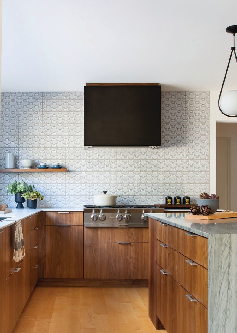 The kitchen features a lovely backsplash from Fireclay Tile, along with a quartzite-top island;PHOTOGRAPHED BY SUZANNA SCOTT